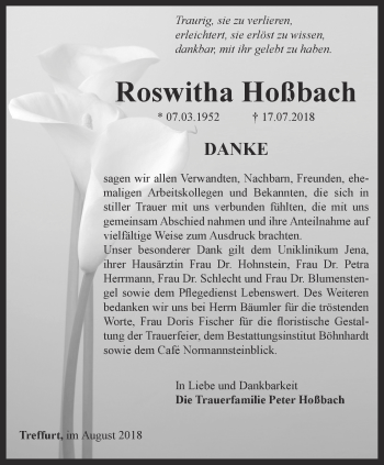 Traueranzeige von Roswitha Hoßbach von Thüringer Allgemeine, Thüringische Landeszeitung