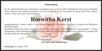 Traueranzeige von Roswitha Kerst von Ostthüringer Zeitung, Thüringische Landeszeitung