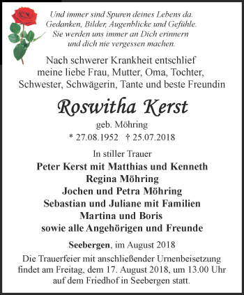 Traueranzeige von Roswitha Kerst von Ostthüringer Zeitung, Thüringische Landeszeitung