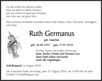 Traueranzeige von Ruth Germanus von Thüringer Allgemeine