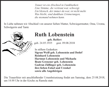 Traueranzeige von Ruth Lobenstein von Thüringer Allgemeine, Thüringische Landeszeitung