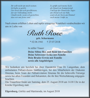 Traueranzeige von Ruth Rose von Thüringer Allgemeine