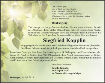 Traueranzeige von Siegfried Kopplin von Ostthüringer Zeitung, Thüringische Landeszeitung