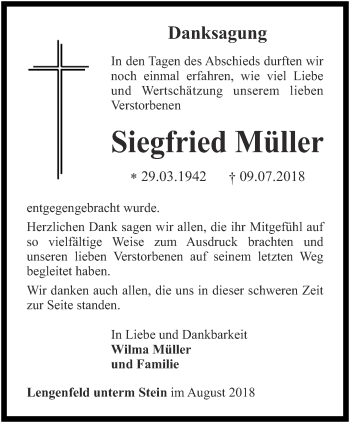 Traueranzeige von Siegfried Müller von Thüringer Allgemeine, Thüringische Landeszeitung