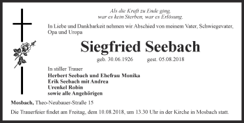 Traueranzeige von Siegfried Seebach von Thüringer Allgemeine, Thüringische Landeszeitung