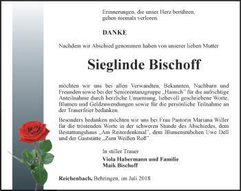 Traueranzeige von Sieglinde Bischoff von Thüringer Allgemeine, Thüringische Landeszeitung