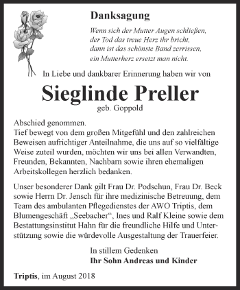 Traueranzeige von Sieglinde Preller