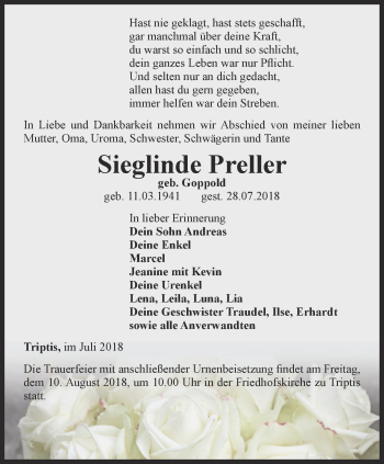 Traueranzeige von Sieglinde Preller