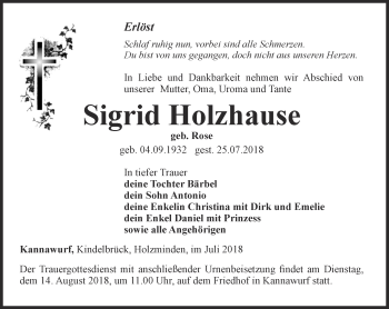 Traueranzeige von Sigrid Holzhause von Thüringer Allgemeine