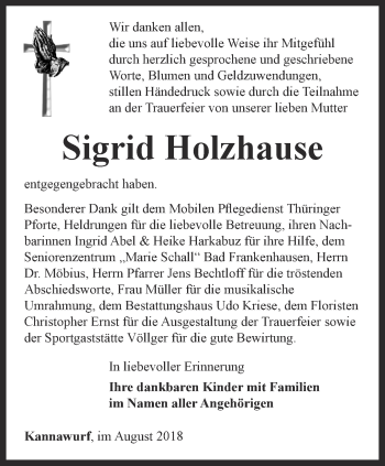 Traueranzeige von Sigrid Holzhause von Thüringer Allgemeine