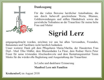 Traueranzeige von Sigrid Lerz von Thüringer Allgemeine, Thüringische Landeszeitung