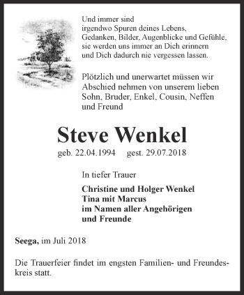 Traueranzeige von Steve Wenkel von Thüringer Allgemeine