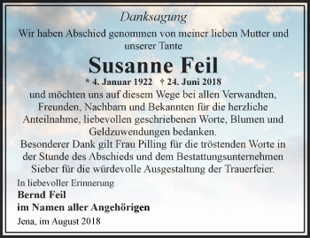 Traueranzeige von Susanne Feil von Ostthüringer Zeitung, Thüringische Landeszeitung