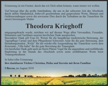 Traueranzeige von Theodora Krieghoff von Thüringer Allgemeine, Thüringische Landeszeitung