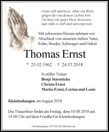Traueranzeige von Thomas Ernst von Thüringer Allgemeine
