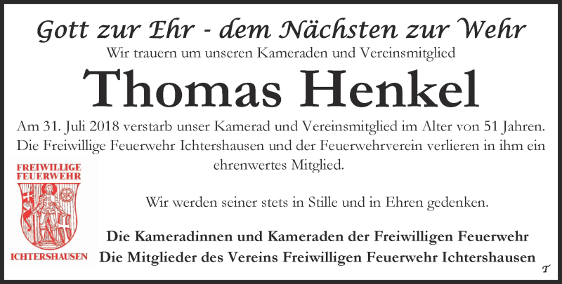  Traueranzeige für Thomas Henkel vom 11.08.2018 aus Thüringer Allgemeine