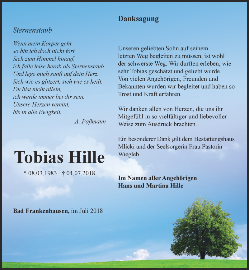  Traueranzeige für Tobias Hille vom 04.08.2018 aus Thüringer Allgemeine