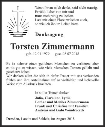 Traueranzeige von Torsten Zimmermann von Ostthüringer Zeitung