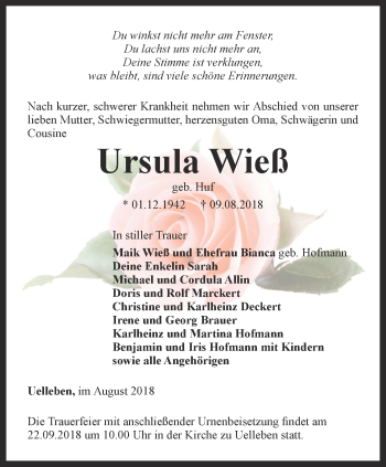 Traueranzeige von Ursula Wieß von Ostthüringer Zeitung, Thüringische Landeszeitung