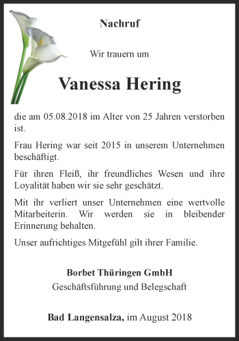 Traueranzeige von Vanessa Hering von Thüringer Allgemeine, Thüringische Landeszeitung