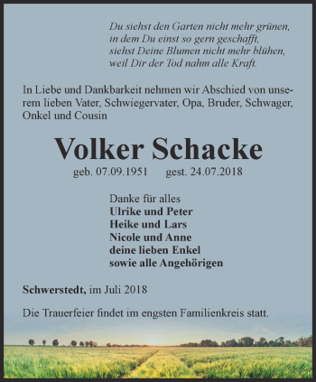 Traueranzeige von Volker Schacke von Thüringer Allgemeine