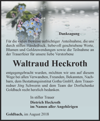 Traueranzeige von Waltraud Heckroth von Ostthüringer Zeitung, Thüringische Landeszeitung