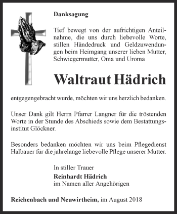 Traueranzeige von Waltraut Hädrich von Ostthüringer Zeitung