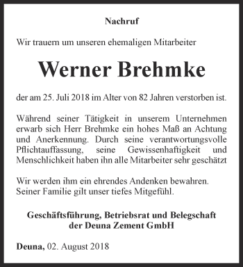 Traueranzeige von Werner Brehmke von Thüringer Allgemeine