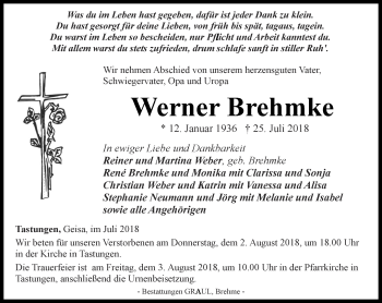 Traueranzeige von Werner Brehmke von Thüringer Allgemeine