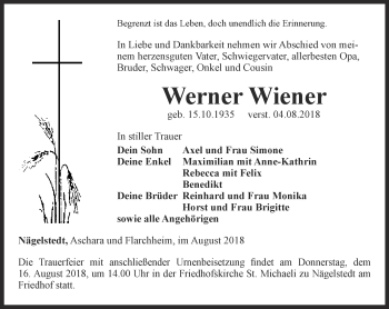 Traueranzeige von Werner Wiener von Thüringer Allgemeine, Thüringische Landeszeitung