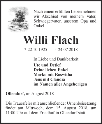 Traueranzeige von Willi Flach von Thüringer Allgemeine, Thüringische Landeszeitung