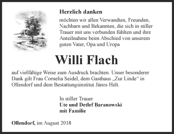 Traueranzeige von Willi Flach von Thüringer Allgemeine, Thüringische Landeszeitung