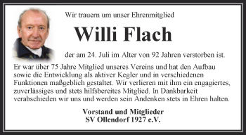 Traueranzeige von Willi Flach von Thüringer Allgemeine, Thüringische Landeszeitung