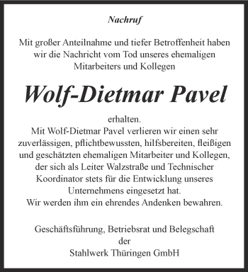 Traueranzeige von Wolf-Dietmar Pavel von Ostthüringer Zeitung