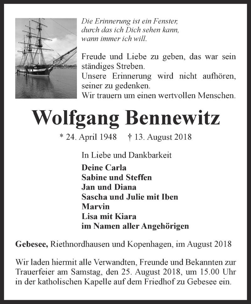  Traueranzeige für Wolfgang Bennewitz vom 18.08.2018 aus Thüringer Allgemeine, Thüringische Landeszeitung
