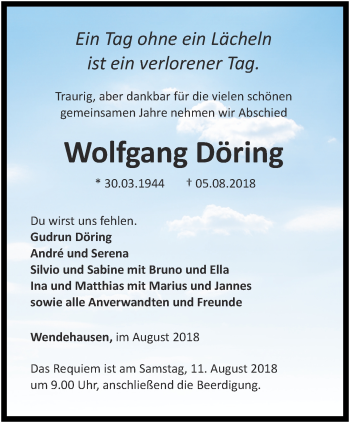 Traueranzeige von Wolfgang Döring von Thüringer Allgemeine, Thüringische Landeszeitung