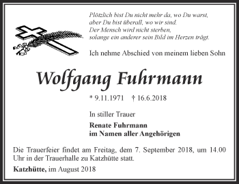 Traueranzeige von Wolfgang Fuhrmann von Ostthüringer Zeitung