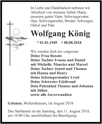 Traueranzeige von Wolfgang König von Thüringer Allgemeine