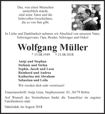 Traueranzeige von Wolfgang Müller von Thüringer Allgemeine, Thüringische Landeszeitung