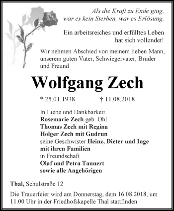 Traueranzeige von Wolfgang Zech von Thüringer Allgemeine, Thüringische Landeszeitung