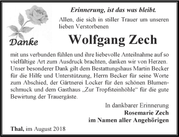Traueranzeige von Wolfgang Zech von Thüringer Allgemeine, Thüringische Landeszeitung