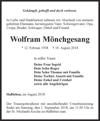 Traueranzeige von Wolfram Mönchgesang von Thüringer Allgemeine, Thüringische Landeszeitung