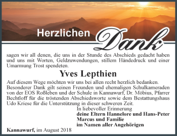 Traueranzeige von Yves Lepthien von Thüringer Allgemeine