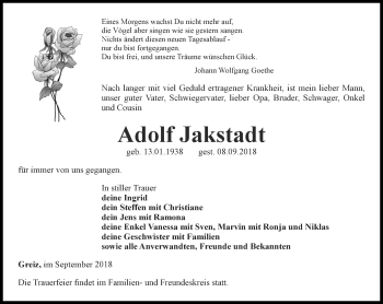 Traueranzeige von Adolf Jakstadt