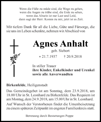 Traueranzeige von Agnes Anhalt von Thüringer Allgemeine