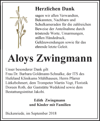 Traueranzeige von Aloys Zwingmann von Thüringer Allgemeine, Thüringische Landeszeitung