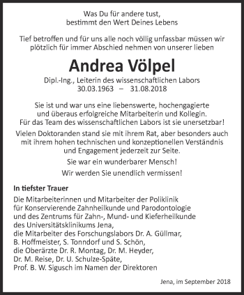 Traueranzeige von Andrea Völpel von Ostthüringer Zeitung, Thüringische Landeszeitung