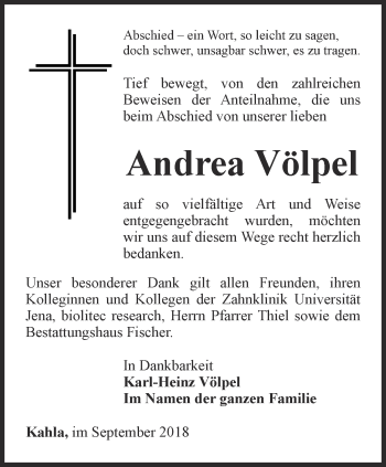 Traueranzeige von Andrea Völpel von Ostthüringer Zeitung, Thüringische Landeszeitung