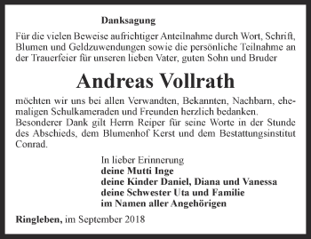 Traueranzeige von Andreas Vollrath von Thüringer Allgemeine, Thüringische Landeszeitung