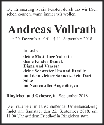 Traueranzeige von Andreas Vollrath von Thüringer Allgemeine, Thüringische Landeszeitung